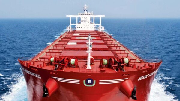 A close-up of the bow of a Berge Bulk tanker