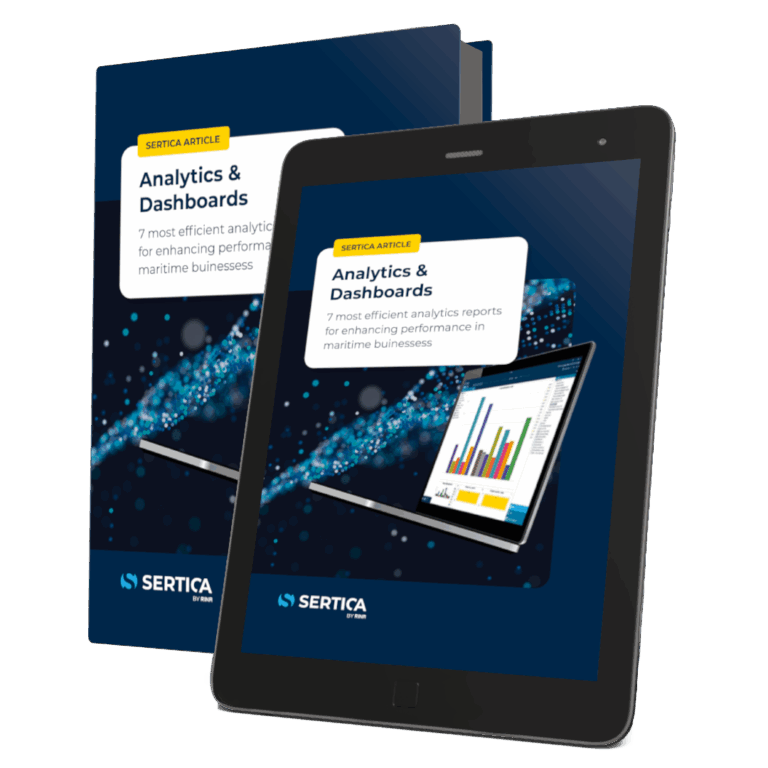 A mockup featuring a book and a tablet, both displaying the cover of 'SERTICA: Analytics Dashboard - 7 most efficient analytics reports for enhancing performance in maritime business.'