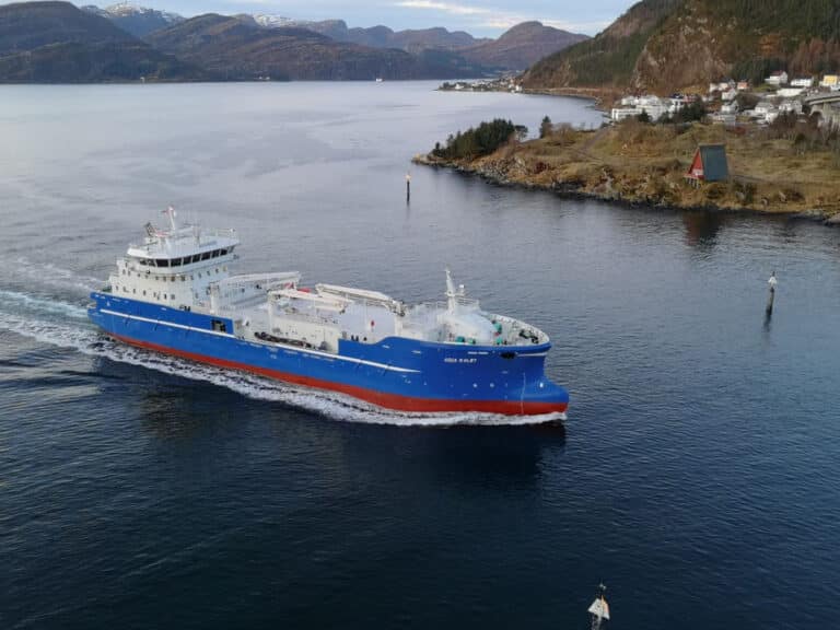 A large blue and red ferry navigates through the water close to shore, creating ripples in its wake