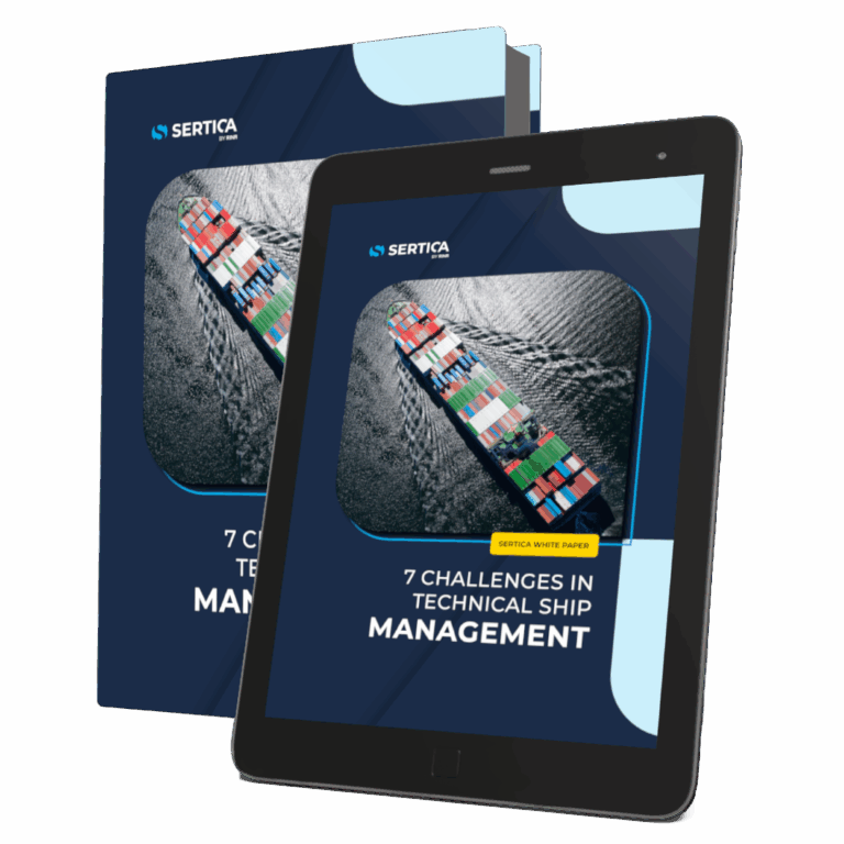 A mockup featuring a book and a tablet, both displaying the cover of 'SERTICA: Paper 7 challenges in technical Ship Management.'