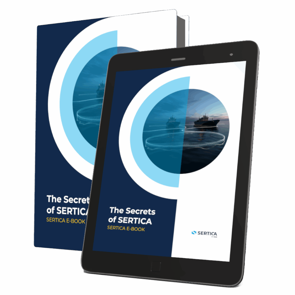 A mockup featuring a book and a tablet, both displaying the cover of 'SERTICA e-book: The Secrets of SERTICA.'