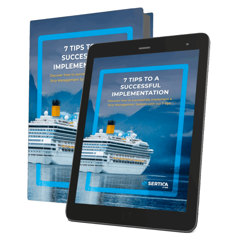 A mockup featuring a book and a tablet, both displaying the cover of 'SERTICA Paper: 7 tips to a successful implementation.'