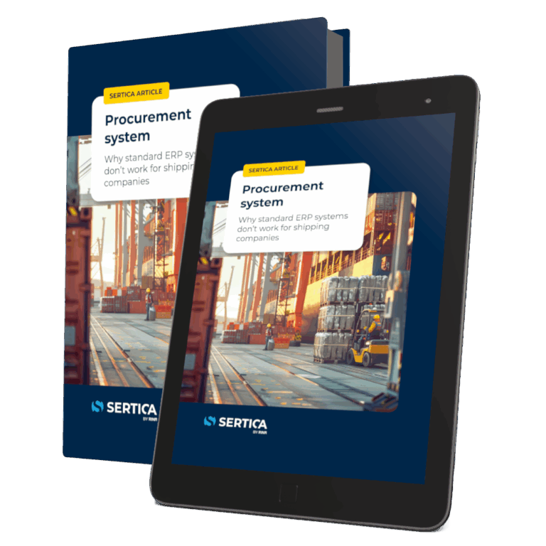 A mockup featuring a book and a tablet, both displaying the cover of 'SERTICA: Why Standard ERP Systems Don't Work for Shipping Companies.'