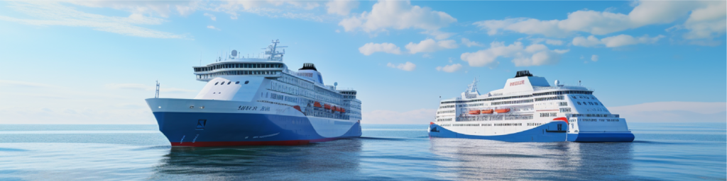 Two passenger ferries sailing side by side on the open sea, with clear blue waters and a vast horizon stretching out in the background