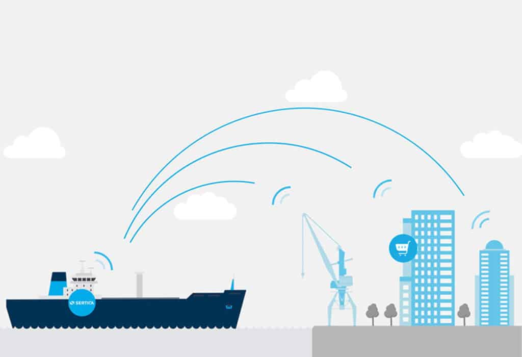 An illustration depicting the concept of eProcurement in the maritime industry, showcasing the digital process of purchasing goods and services