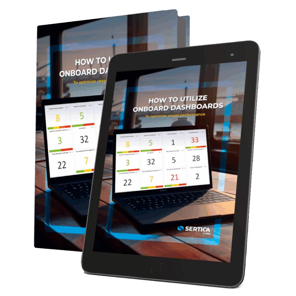 A mockup featuring a book and a tablet, both displaying the cover of 'SERTICA Guide: How to Utilize onboard Dashboards.'