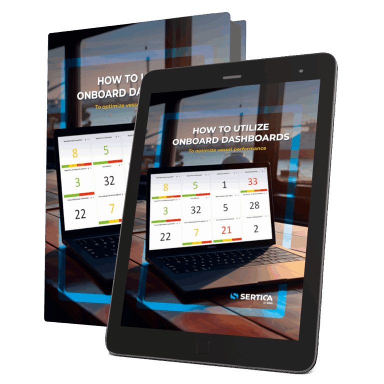 A mockup featuring a book and a tablet, both displaying the cover of 'SERTICA Guide: How to Utilize onboard Dashboards.'