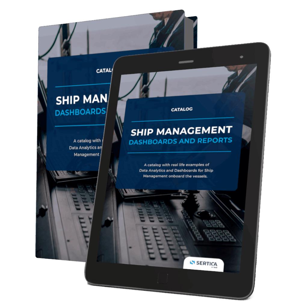 A mockup featuring a book and a tablet, both displaying the cover of 'SERTICA: Ship Management Dashboards and Reports.'