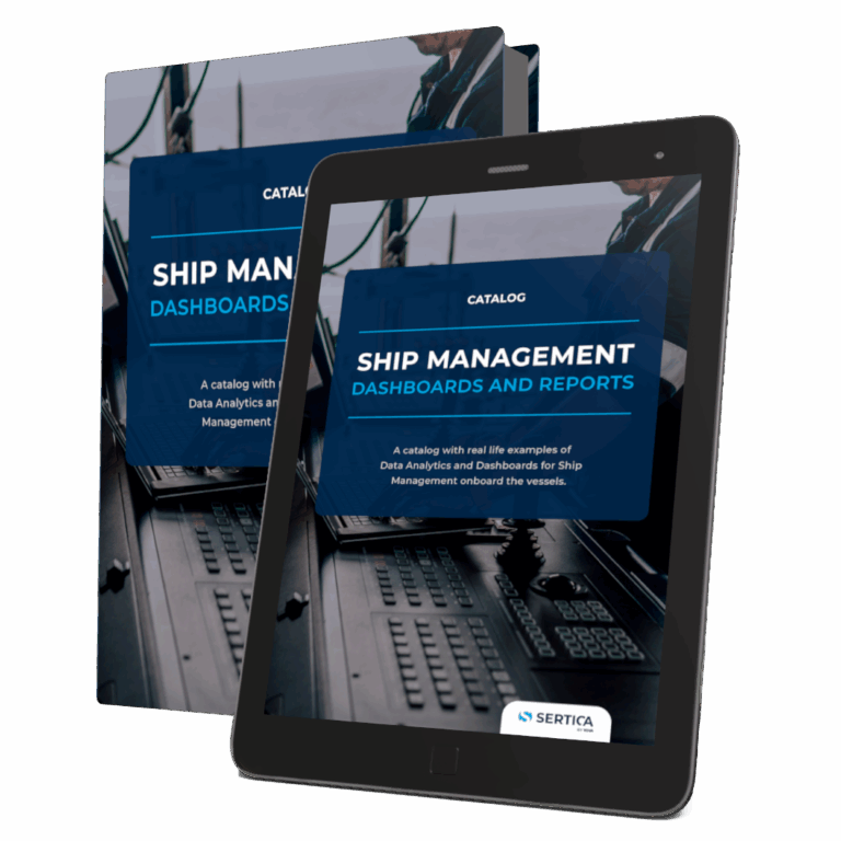 A mockup featuring a book and a tablet, both displaying the cover of 'SERTICA: Ship Management Dashboards and Reports.'