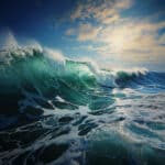 A detailed close-up of an ocean wave crashing through a foamy sea