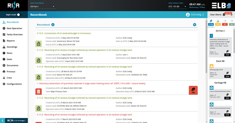 A screenshot of RINA Electronic Logbook system
