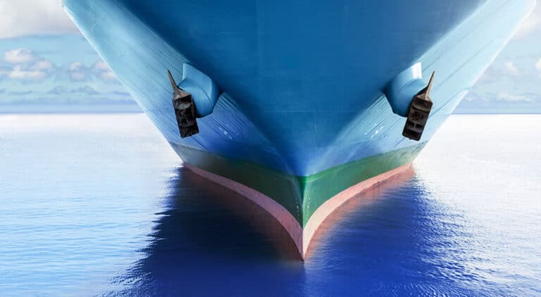 A close up of the bow of a large ship at sea