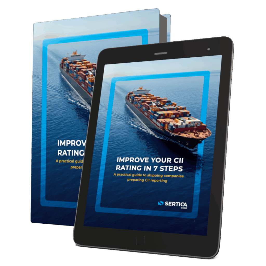 A mockup featuring a book and a tablet, both displaying the cover of 'SERTICA paper: Improve your CII Rating in 7 steps.'