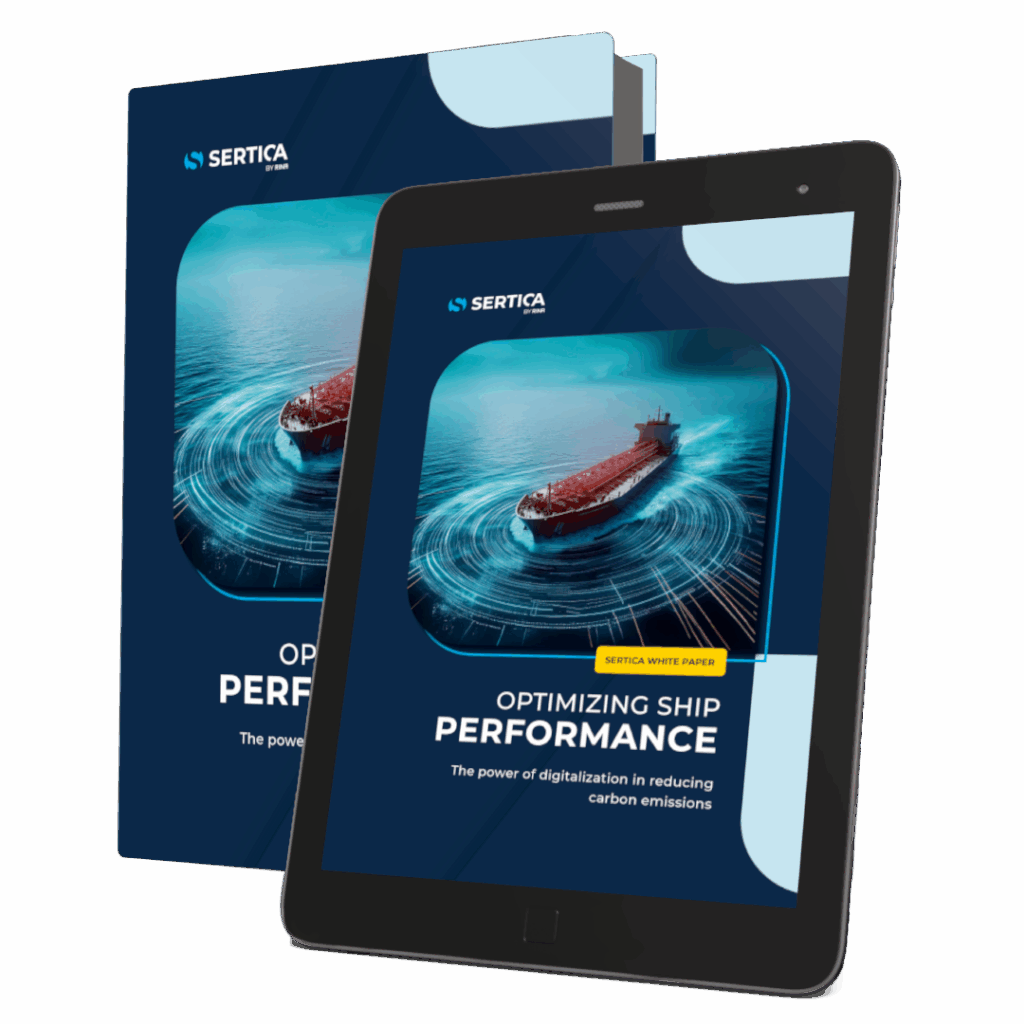 A mockup featuring a book and a tablet, both displaying the cover of 'SERTICA: Optimizing Ship Performance The Power of Digitalization in Reducing Carbon Emissions.'