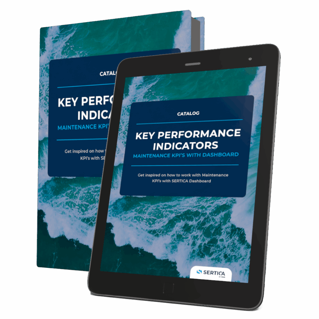 A mockup featuring a book and a tablet, both displaying the cover of 'Maintenance KPIs with SERTICA Dashboards.'