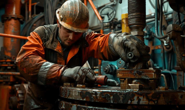 A maritime maintenance worker preforming maintenance on a ship
