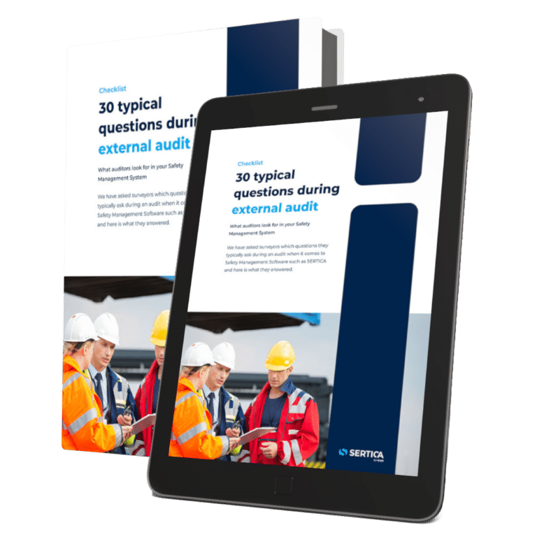 A mockup featuring a book and a tablet, both displaying the cover of 'SERTICA: 30 typical questions during external audit.'
