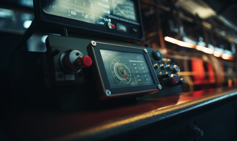 A close-up view of the bridge control dashboard, showcasing the various navigation and monitoring instruments used to steer and manage the vessel