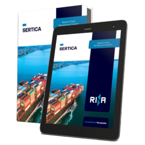 A mockup featuring a book and a tablet, both displaying the cover of 'RINA: SERTICA Maritime Fleet Management System.'