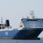 A close-up view of a Compagnie Maritime Nantaise vessel navigating the sea