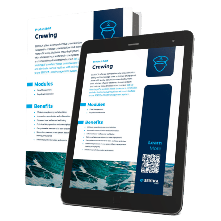 A mockup featuring a book and a tablet, both displaying the cover of 'SERTICA product brief: Crewing.'