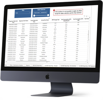 A screenshot of the SERTICA Vessel Reporting System displaying a specific decarbonization report
