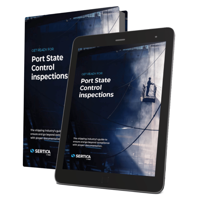 A mockup featuring a book and a tablet, both displaying the cover of 'Eletronic Logbook Guide: Get ready for port state control inspections.'