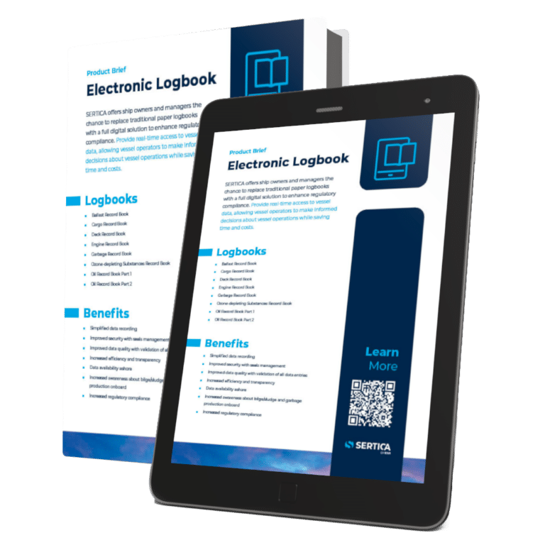 A mockup featuring a book and a tablet, both displaying the cover of 'SERTICA product brief: Electronic Logbook.'