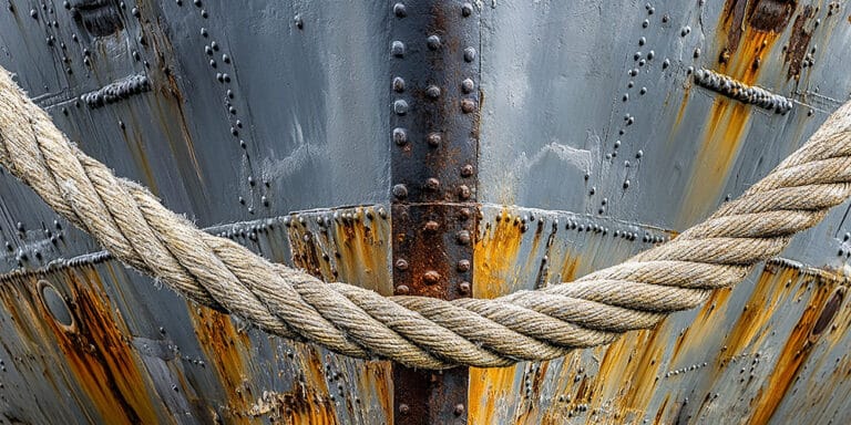 A close-up of the bow of a maritime vessel, with a rope draped across the front