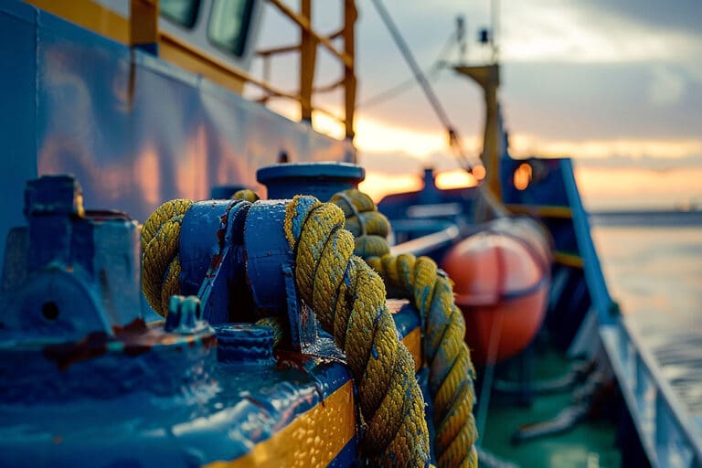 A close-up of a rope securely tied to the side of a maritime vessel,