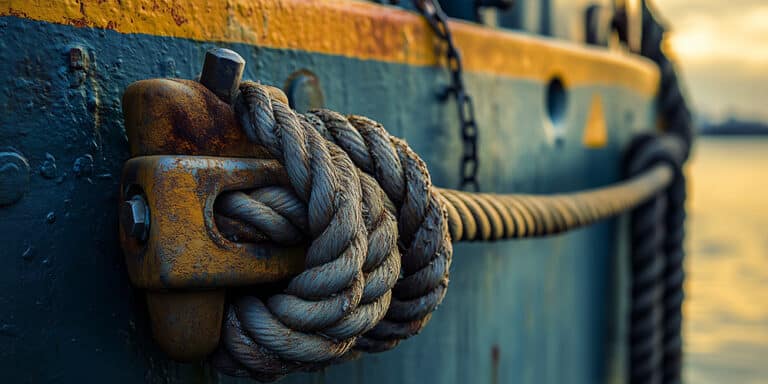 A close-up of a rope securely tied to the side of a maritime vessel