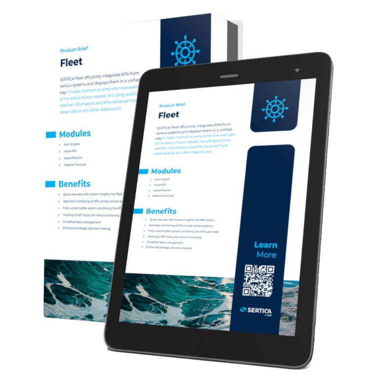 A mockup featuring a book and a tablet, both displaying the cover of 'SERTICA product brief: Fleet.'