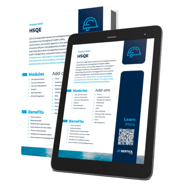 A mockup featuring a book and a tablet, both displaying the cover of 'SERTICA product brief: HSQE.'