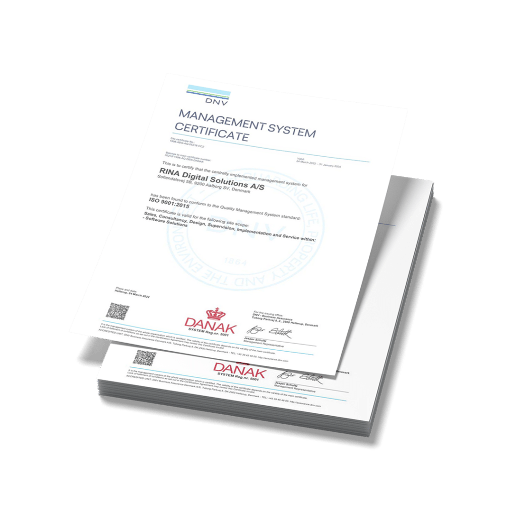 A mockup of a book and a tablet with DNV Management system Certificate