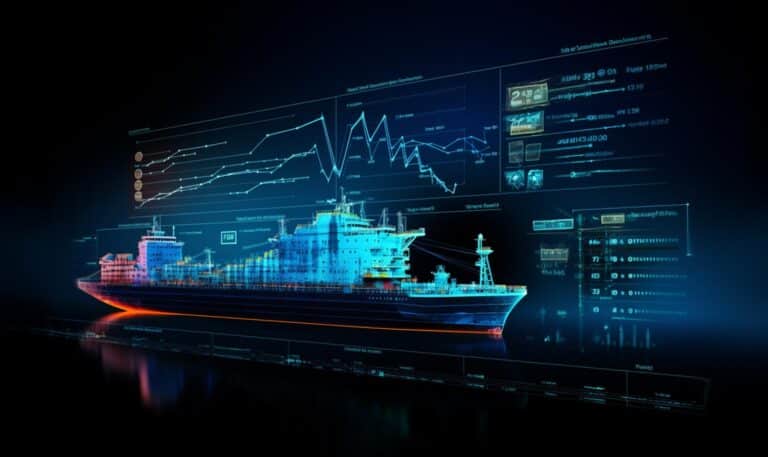 A digital picture of a maritime vessel navigating with a digital chart displayed over it