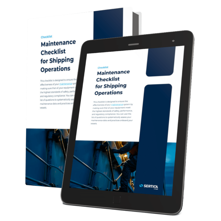 A mockup featuring a book and a tablet, both displaying the cover of 'SERTICA: Maintenance Checklists for Shipping Operations.'