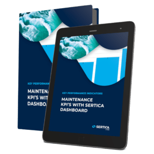 A mockup featuring a book and a tablet, both displaying the cover of 'Maintenance KPIs with SERTICA Dashboards.'