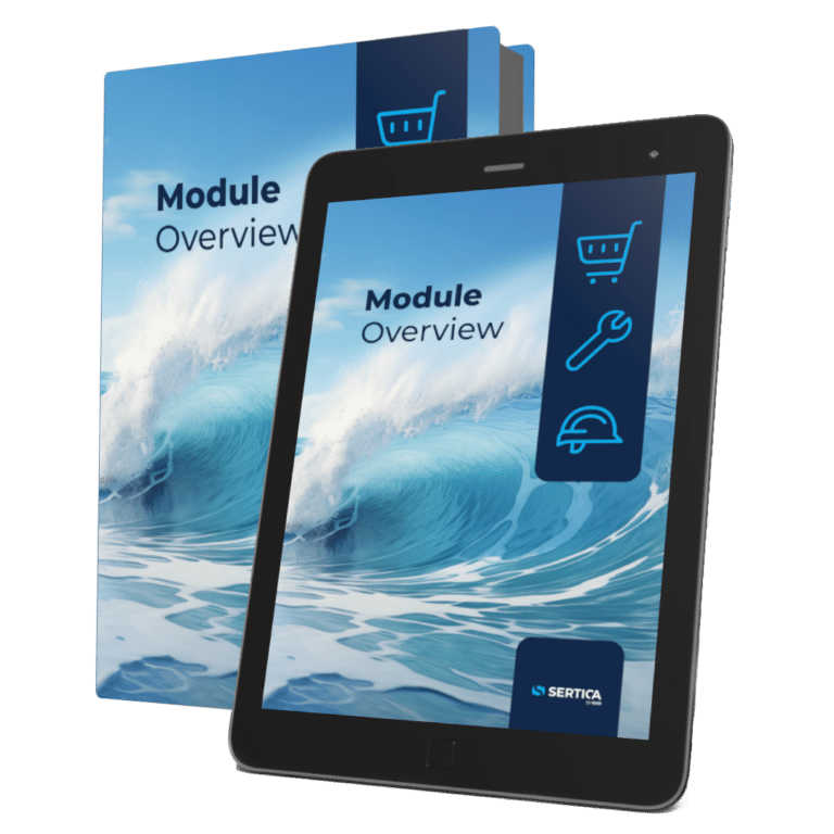 A mockup featuring a book and a tablet, both displaying the cover of 'SERTICA Module Overview.'