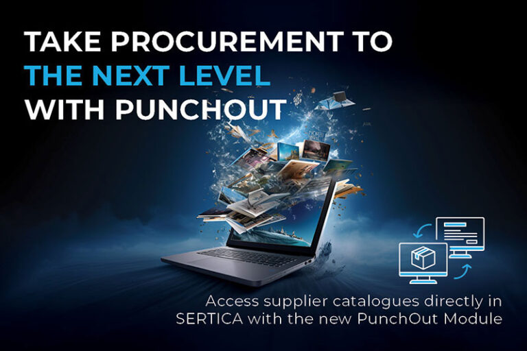 A picture with catalogs exploding out of a laptop screen with text on top of the picture announcing PunchOut with SERTICA