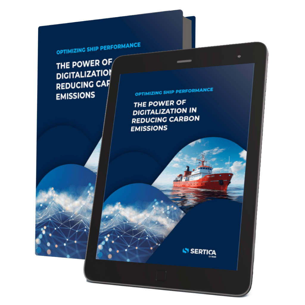 A mockup featuring a book and a tablet, both displaying the cover of 'SERTICA: Optimizing Ship Performance The Power of Digitalization in Reducing Carbon Emissions.'