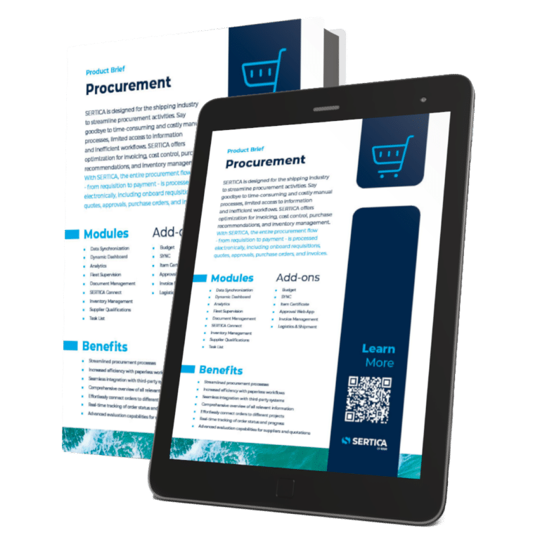 A mockup featuring a book and a tablet, both displaying the cover of 'SERTICA product brief: Procurement.'