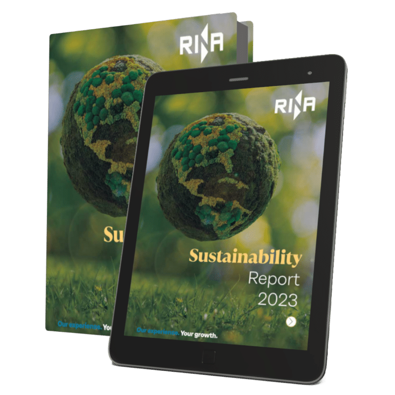 A mockup featuring a book and a tablet, both displaying the cover of 'RINA paper: Sustainability report 2023.'