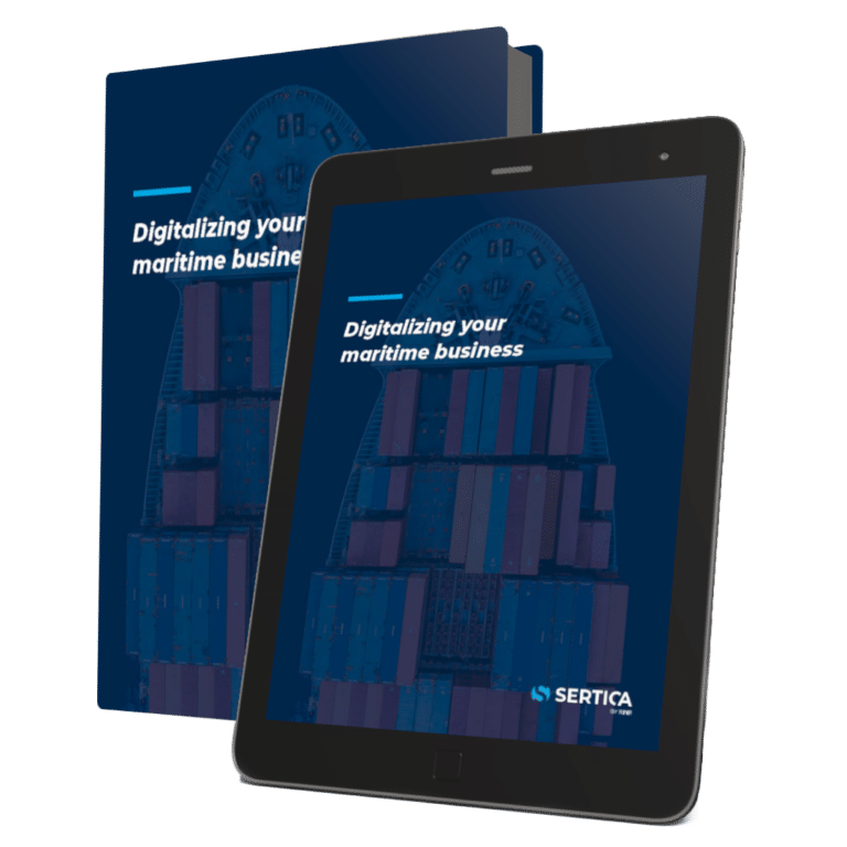 A mockup featuring a book and a tablet, both displaying the cover of 'SERTICA: Digitalizing your maritime business.'