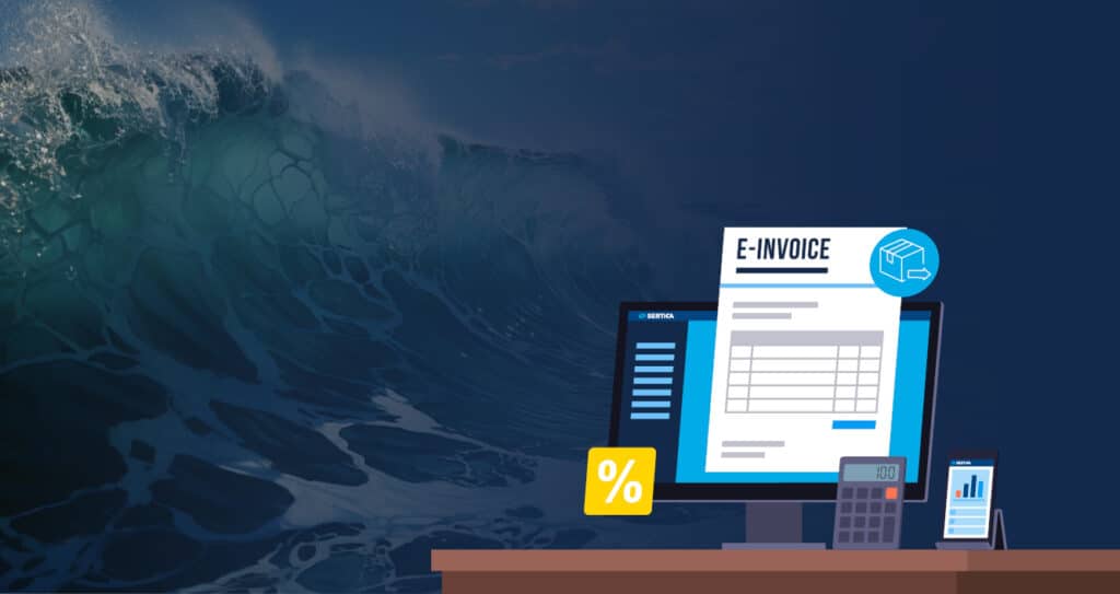 A picture of the wavy sea with a graphic overlay featuring an E-invoice displayed on a computer screen