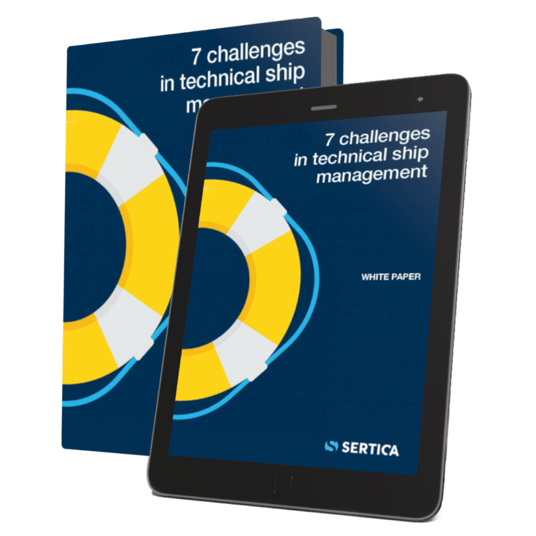 A mockup featuring a book and a tablet, both displaying the cover of 'SERTICA: Paper 7 challenges in technical Ship Management.'