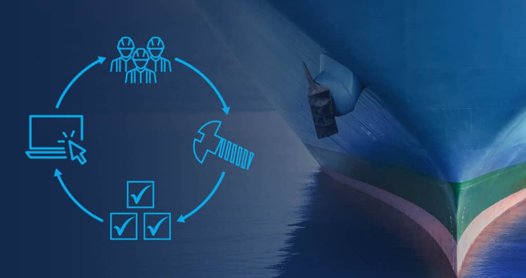A close-up of a maritime vessel bow with a graphic overlay with icons describing Ship Inventory Management