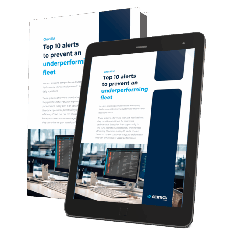 A mockup featuring a book and a tablet, both displaying the cover of 'SERTICA: Top 10 alerts to elevate daily ship operations.'