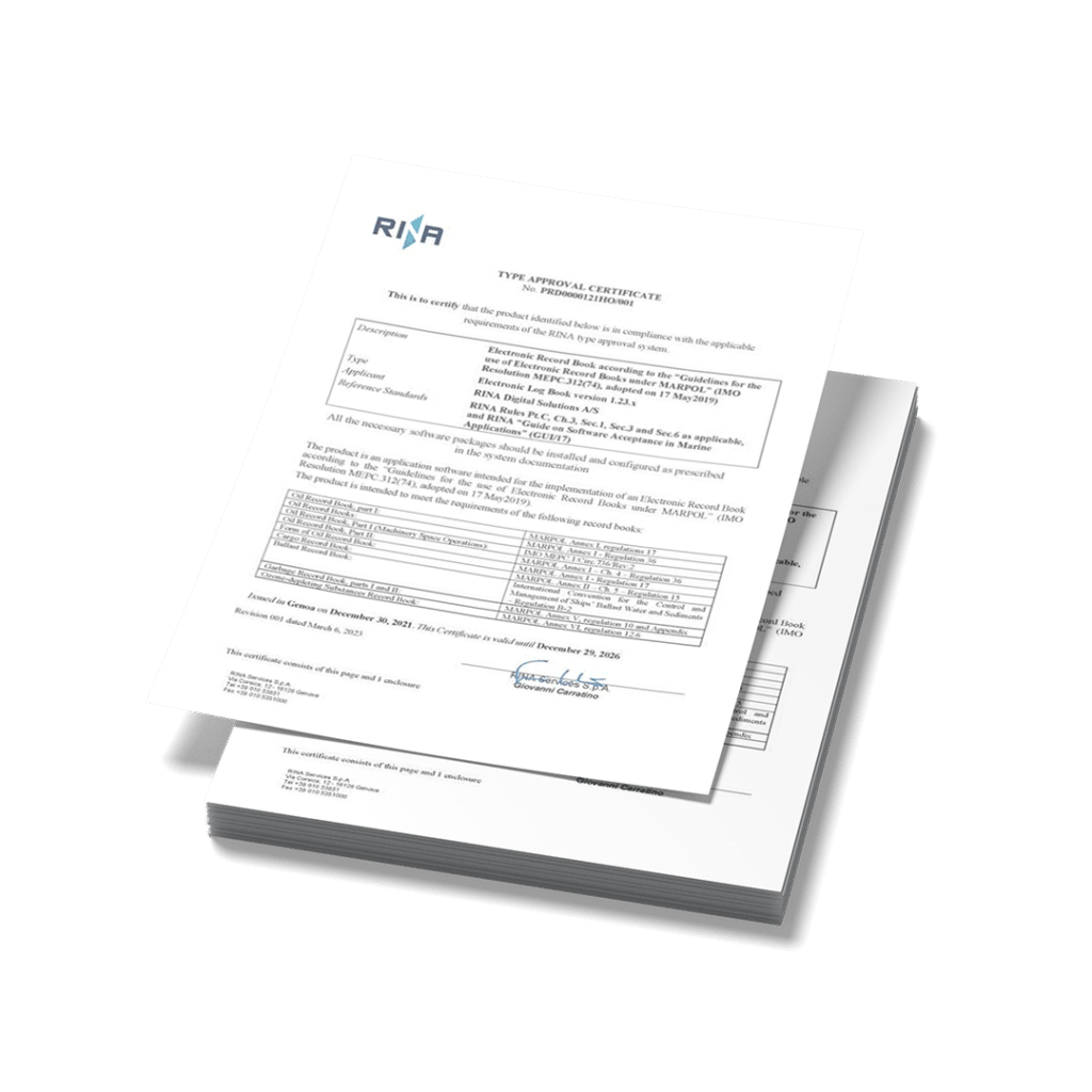 Mockup of RINA Type Approval Certificate Electronic Logbook