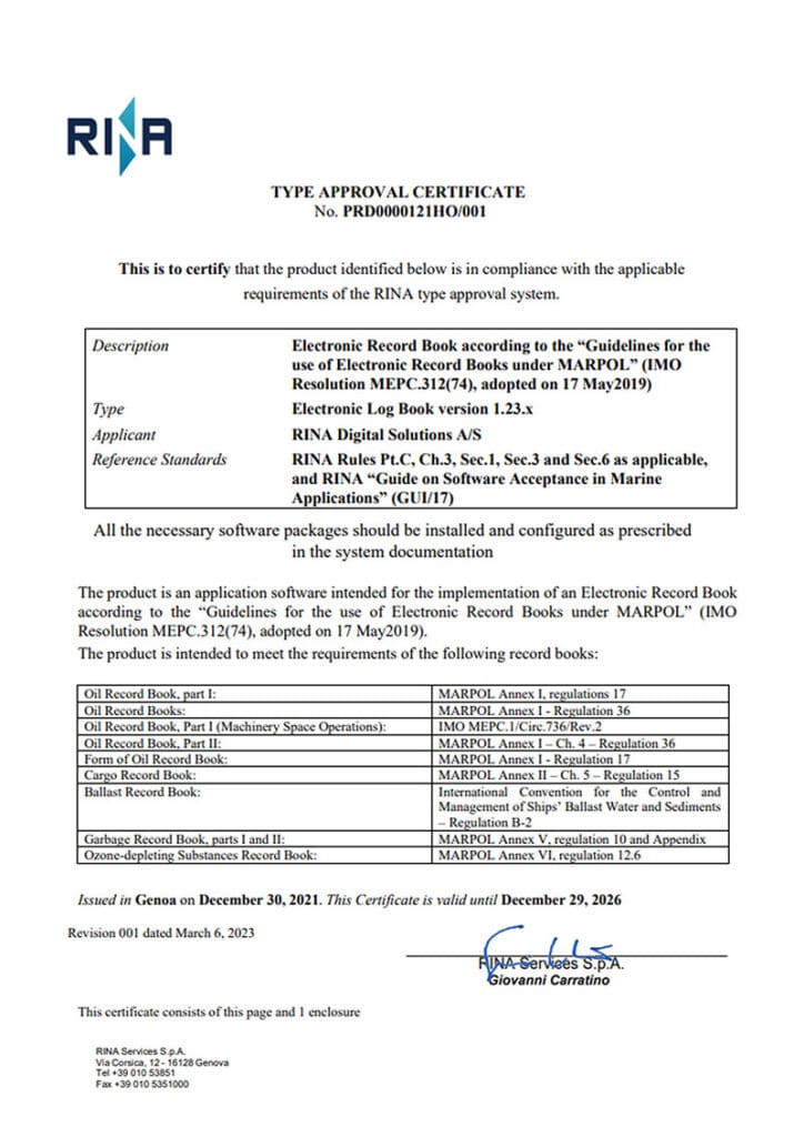Mockup of RINA Type Approval Certificate Electronic Logbook