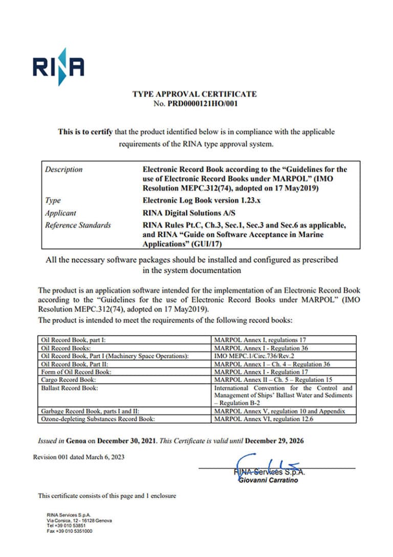 Mockup of RINA Type Approval Certificate Electronic Logbook